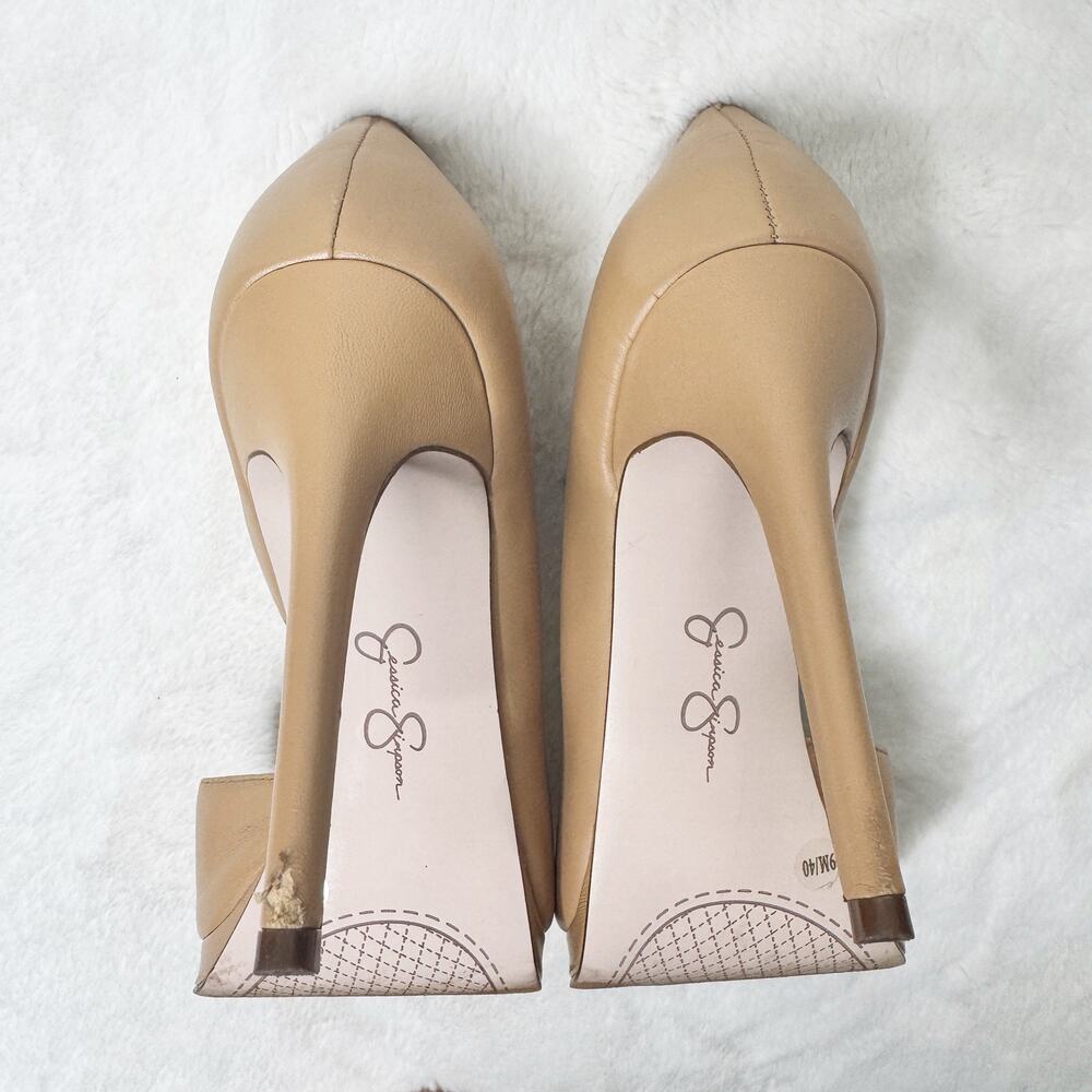 JESSICA SIMPSON Neutral Tan Leather Peep Toe Pumps High Heel Stiletto Shoes 9M - Picture 7 of 9